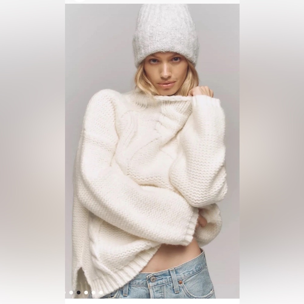 Anthropologie Maeve Relaxed Mock Neck Cable Knit Sweater Wool Ivory - Picture 2 of 7